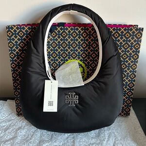 Tory Burch Britten Nylon Puffy Shoulder Bag Black Silver